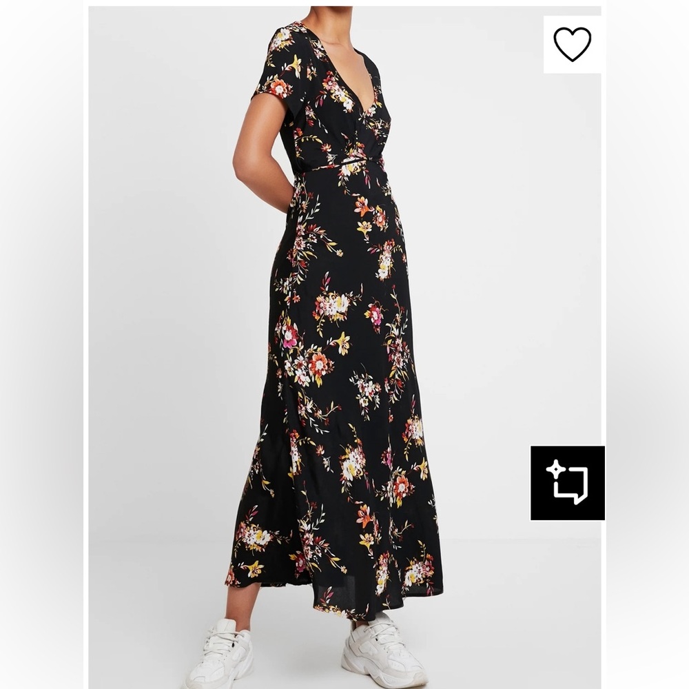 Obey Floral Maxi Dress Black V-Neck Tie Waist Short Sleeve Women Size Small A3